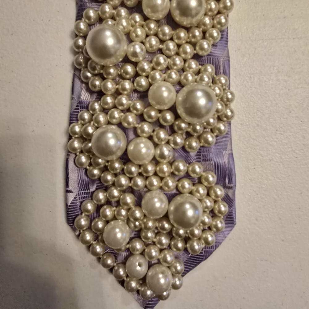 Upcycled Pearl Embellished Tie – Handmade Maximalist Statement Piece